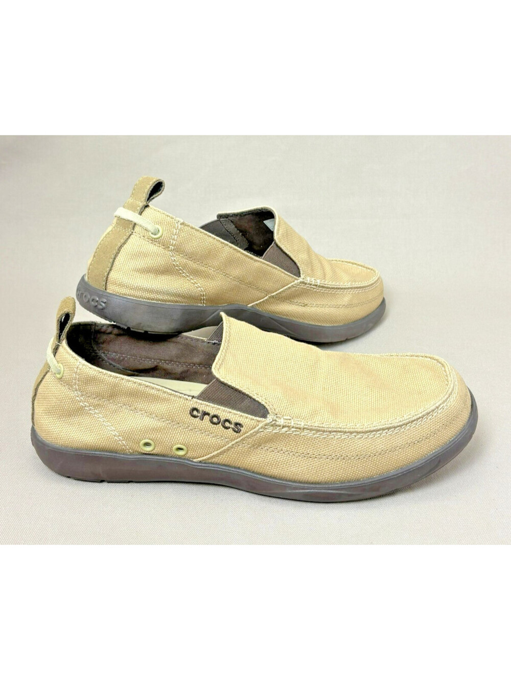 Crocs Santa Cruz Mens Slip On Canvas Loafers Shoes Khaki Tan Brown Deck sz 11